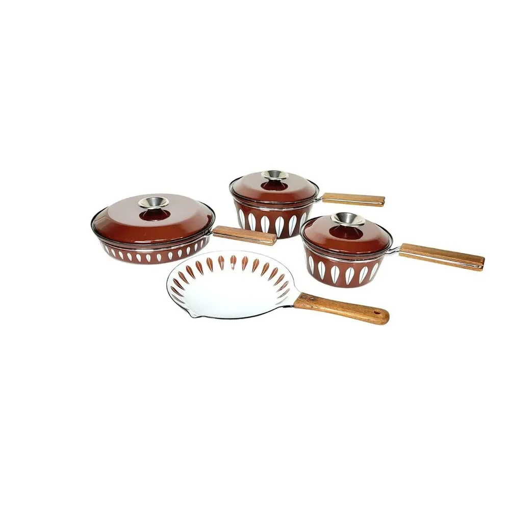 Vintage MCM Catherine Holm of Norway Brown Lotus Enamelware Pot & Pan 7 Pc Set